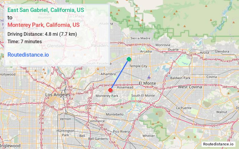 Route map from East San Gabriel to Monterey Park