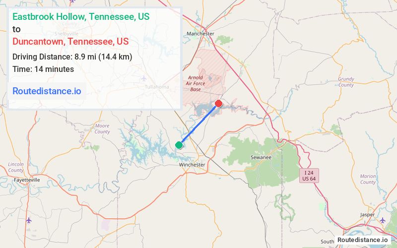 Route map from Eastbrook Hollow to Duncantown