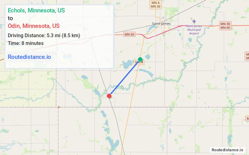 Route map from Echols to Odin