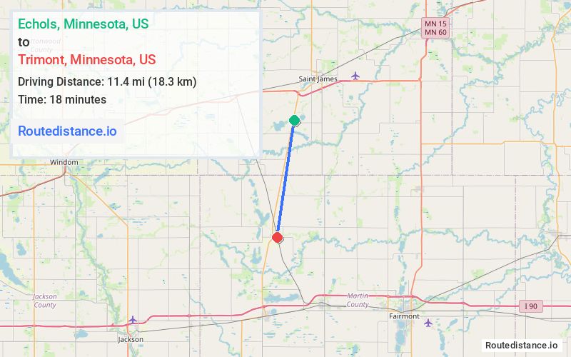 Route map from Echols to Trimont