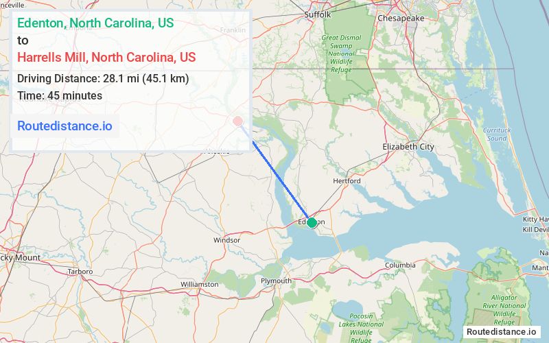 Route map from Edenton to Harrells Mill
