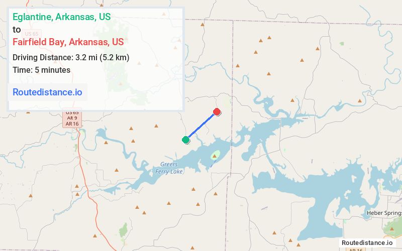 Route map from Eglantine to Fairfield Bay