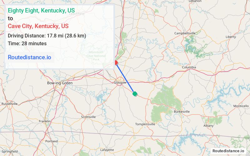 Route map from Eighty Eight to Cave City