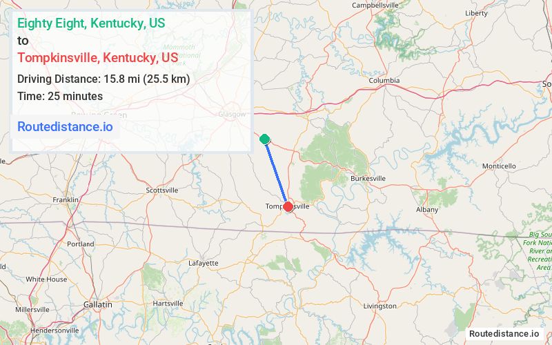 Route map from Eighty Eight to Tompkinsville