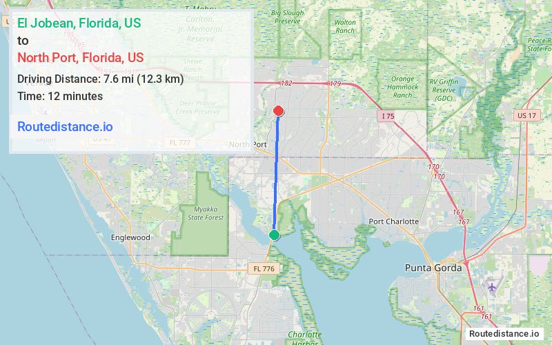 Route map from El Jobean to North Port