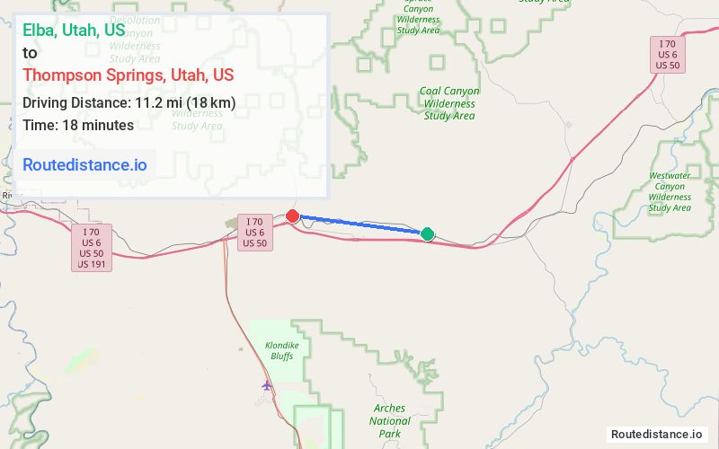 Route map from Elba to Thompson Springs