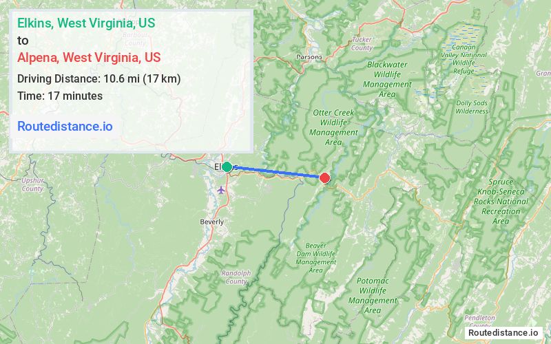 Route map from Elkins to Alpena
