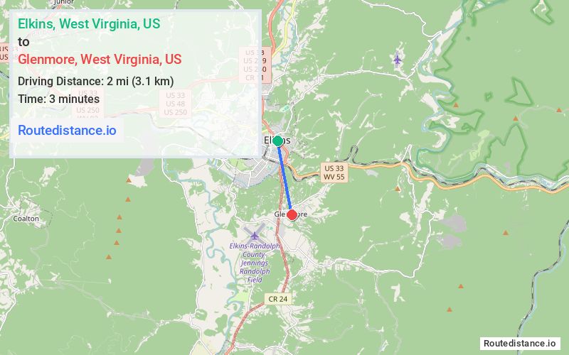 Distance from Elkins to Glenmore