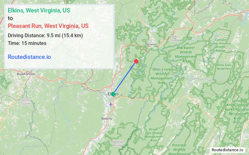 Distance from Elkins to Pleasant Run