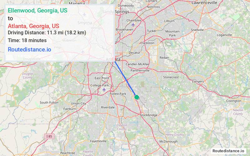 Route map from Ellenwood to Atlanta