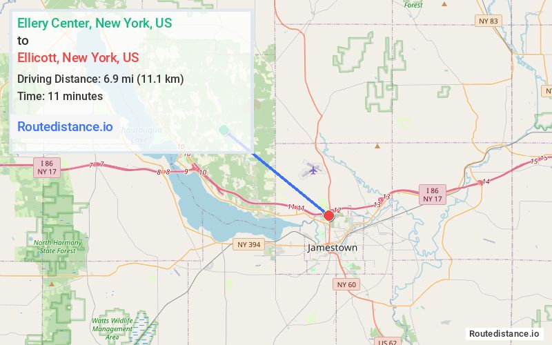 Route map from Ellery Center to Ellicott