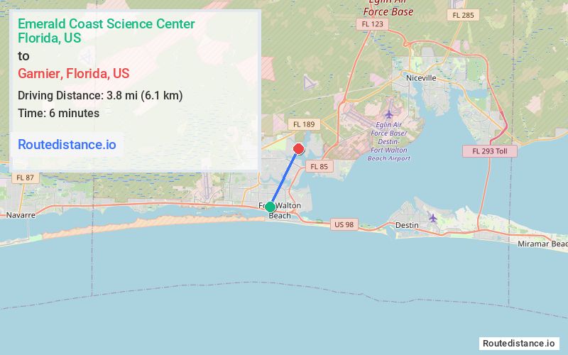Route map from Emerald Coast Science Center to Garnier