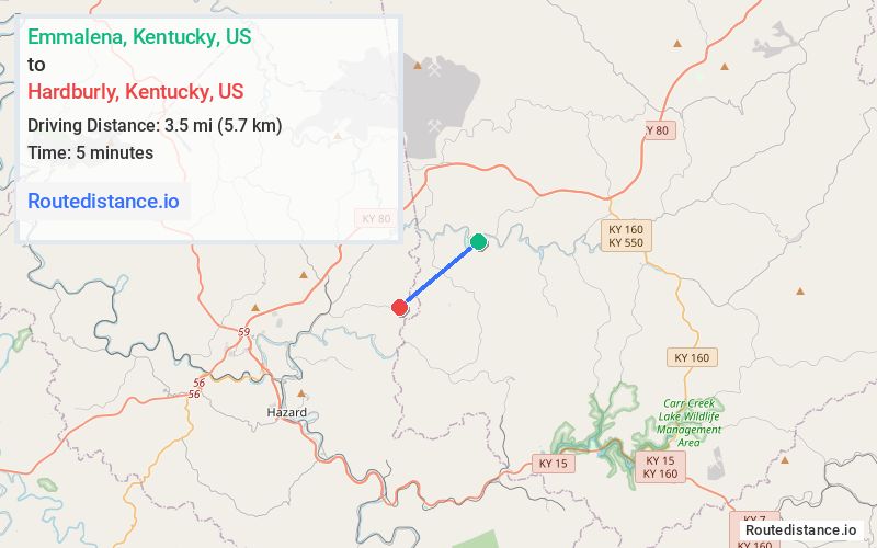 Route map from Emmalena to Hardburly