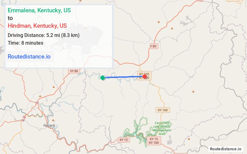 Route map from Emmalena to Hindman