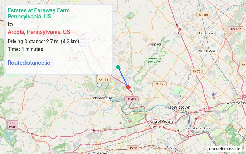 Route map from Estates at Faraway Farm to Arcola