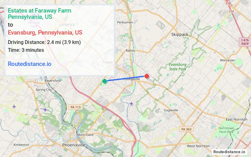 Route map from Estates at Faraway Farm to Evansburg
