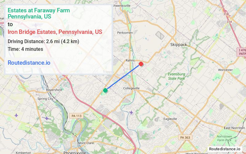 Route map from Estates at Faraway Farm to Iron Bridge Estates