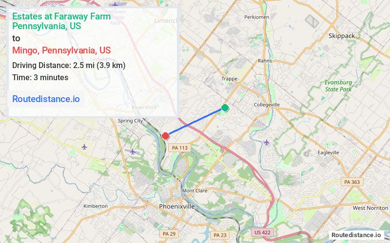 Route map from Estates at Faraway Farm to Mingo