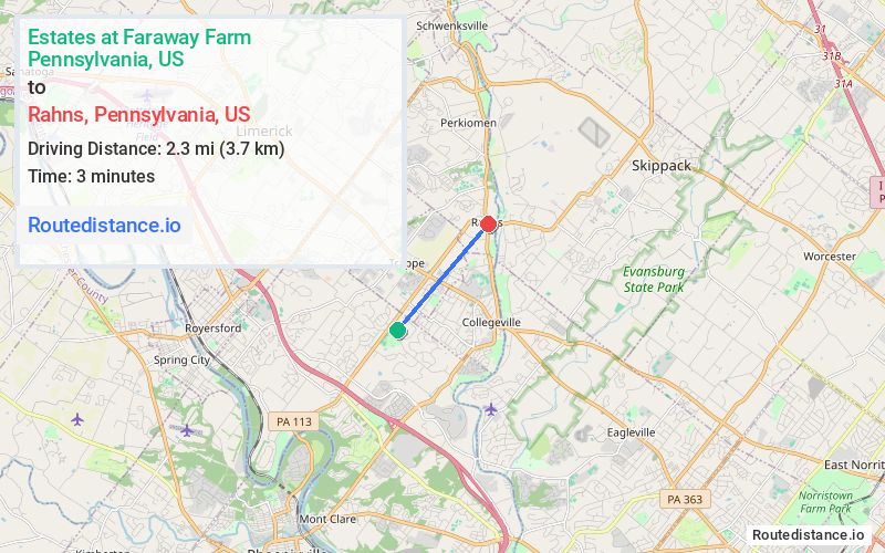 Route map from Estates at Faraway Farm to Rahns