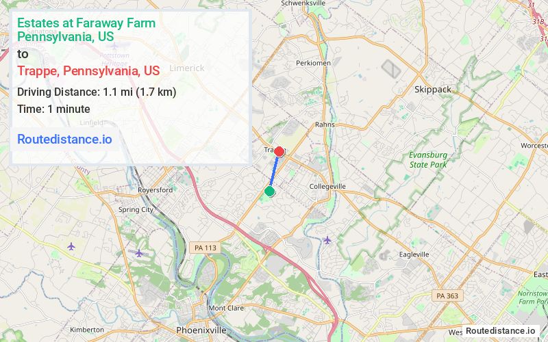 Route map from Estates at Faraway Farm to Trappe