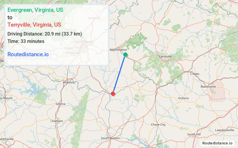 Route map from Evergreen to Terryville