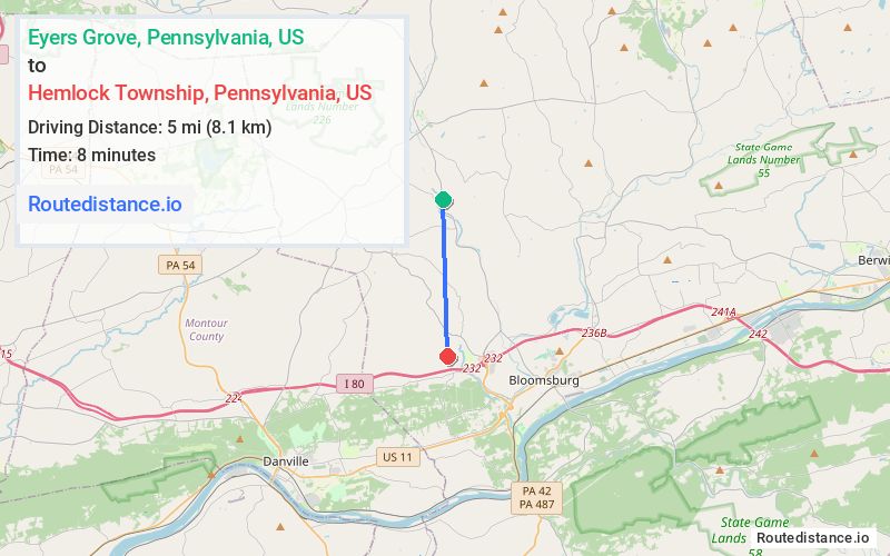 Route map from Eyers Grove to Hemlock Township