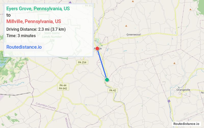 Route map from Eyers Grove to Millville