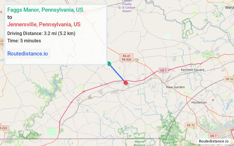 Route map from Faggs Manor to Jennersville