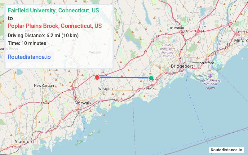 Route map from Fairfield University to Poplar Plains Brook