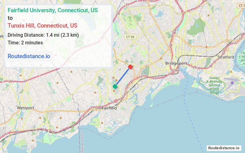 Route map from Fairfield University to Tunxis Hill