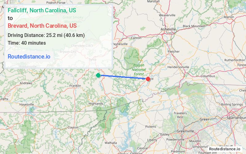 Route map from Fallcliff to Brevard