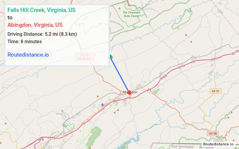 Route map from Falls Hill Creek to Abingdon