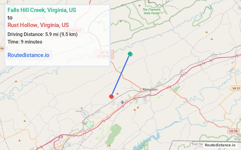 Route map from Falls Hill Creek to Rust Hollow