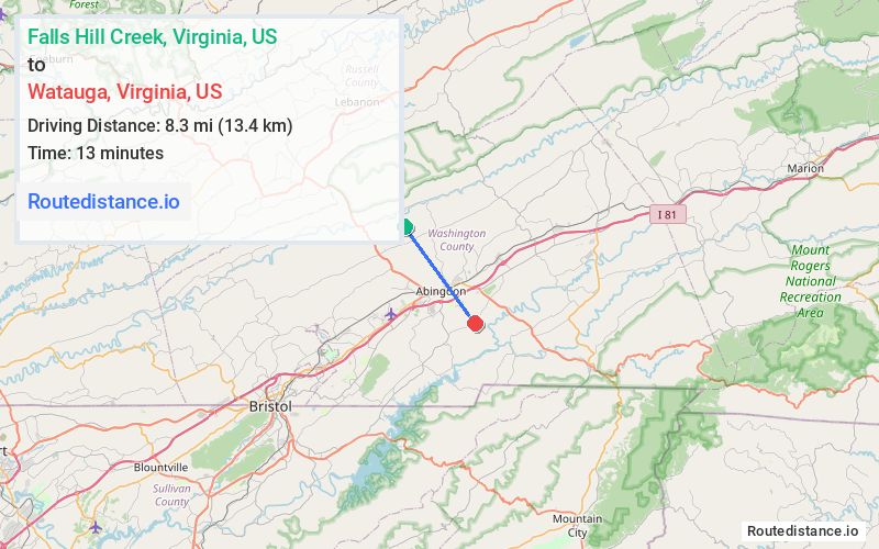 Route map from Falls Hill Creek to Watauga
