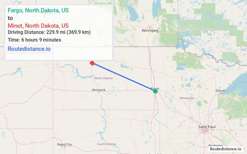 Route map from Fargo to Minot