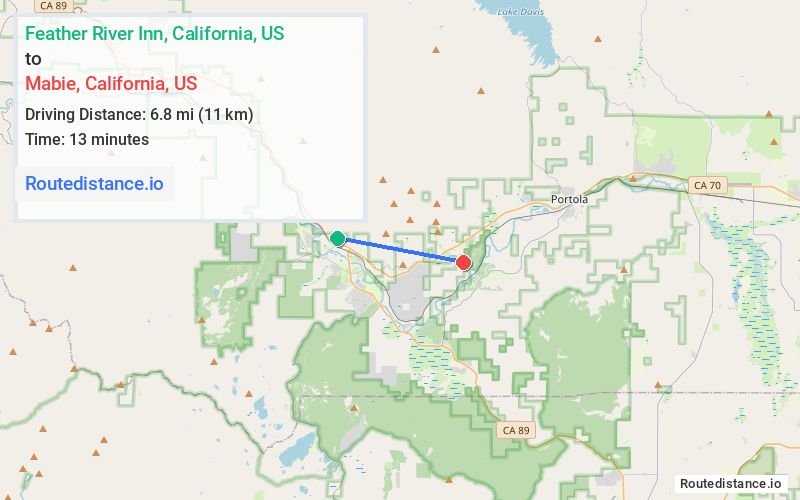 Route map from Feather River Inn to Mabie