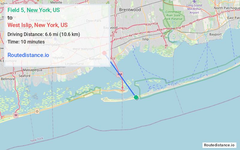 Route map from Field 5 to West Islip