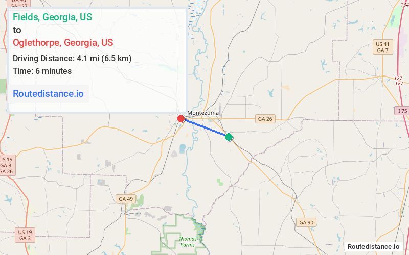 Route map from Fields to Oglethorpe