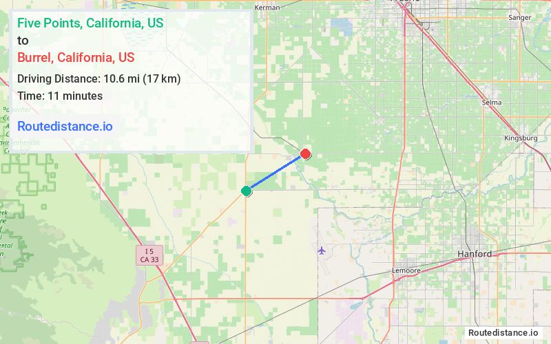Route map from Five Points to Burrel