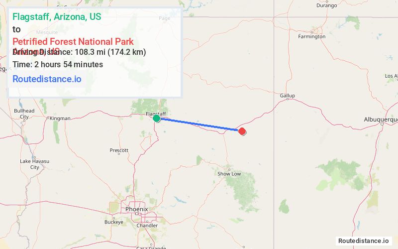 Route map from Flagstaff to Petrified Forest National Park