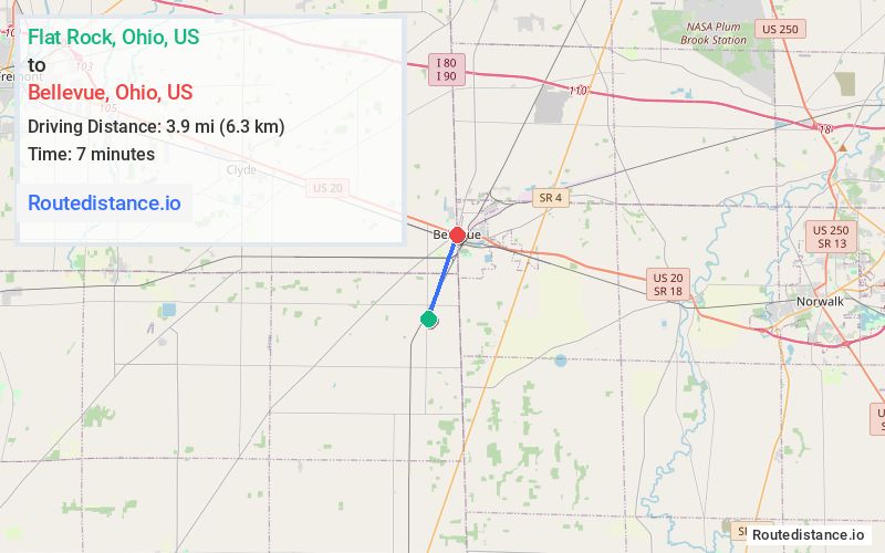 Route map from Flat Rock to Bellevue