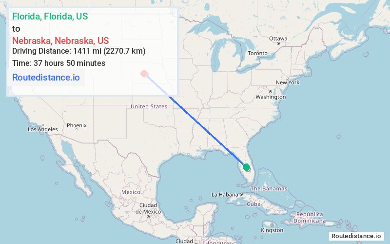 Route map from Florida to Nebraska