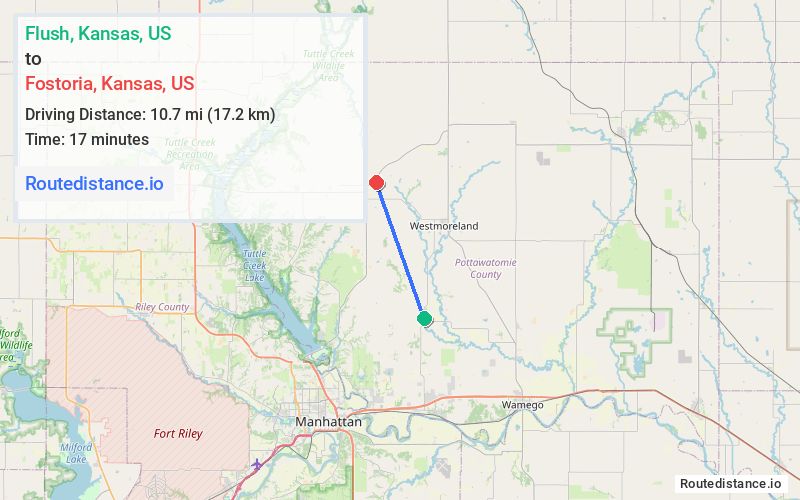 Route map from Flush to Fostoria