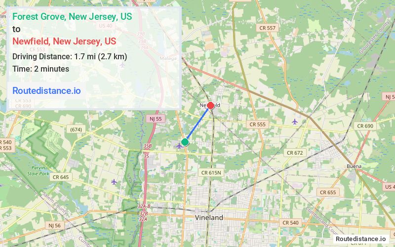 Distance from Forest Grove to Newfield