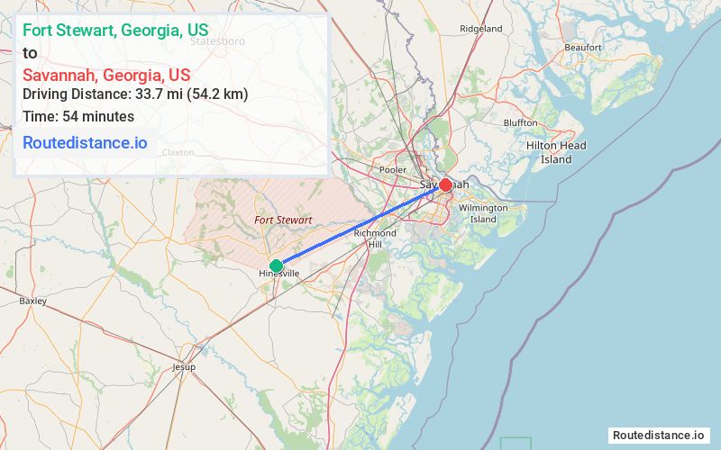 Route map from Fort Stewart to Savannah