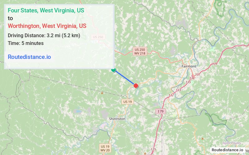 Route map from Four States to Worthington
