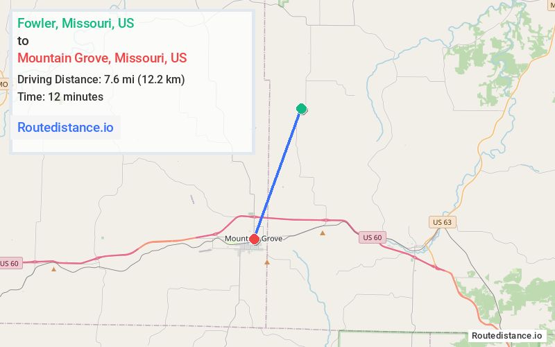 Route map from Fowler to Mountain Grove