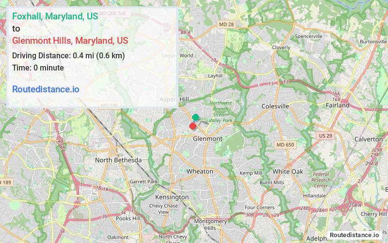 Route map from Foxhall to Glenmont Hills