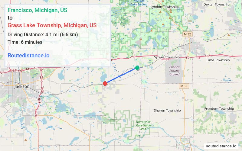 Route map from Francisco to Grass Lake Township