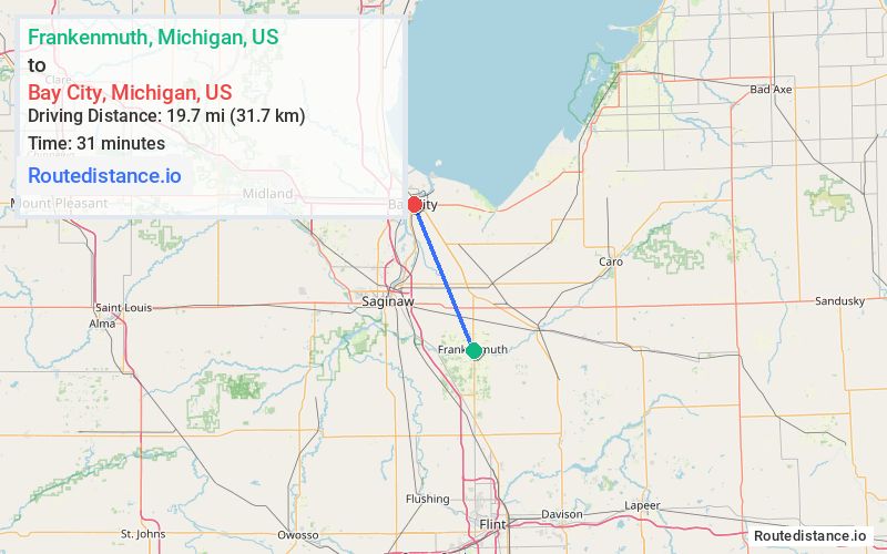Route map from Frankenmuth to Bay City